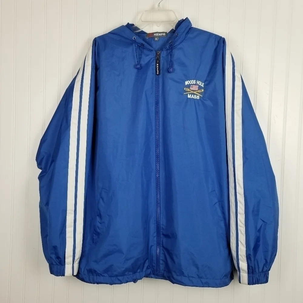 Woods Hole Mass Windbreaker Jacket Full Zip Kenpo Mens Size XL Blue Hood Stripe